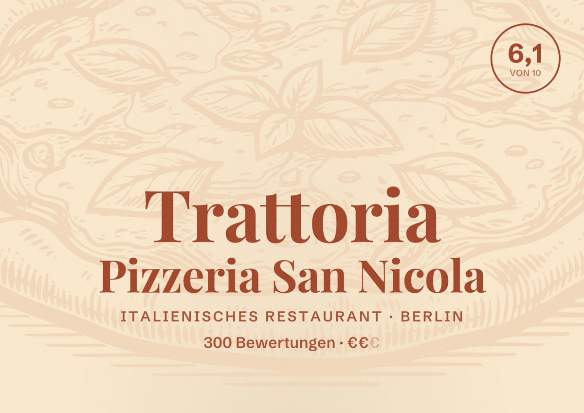 Illustriertes Poster von Trattoria Pizzeria San Nicola, Italienisches Restaurant in Berlin: Bewertung 6,1 von 10 aus 300 Bewertungen, Preisniveau €€