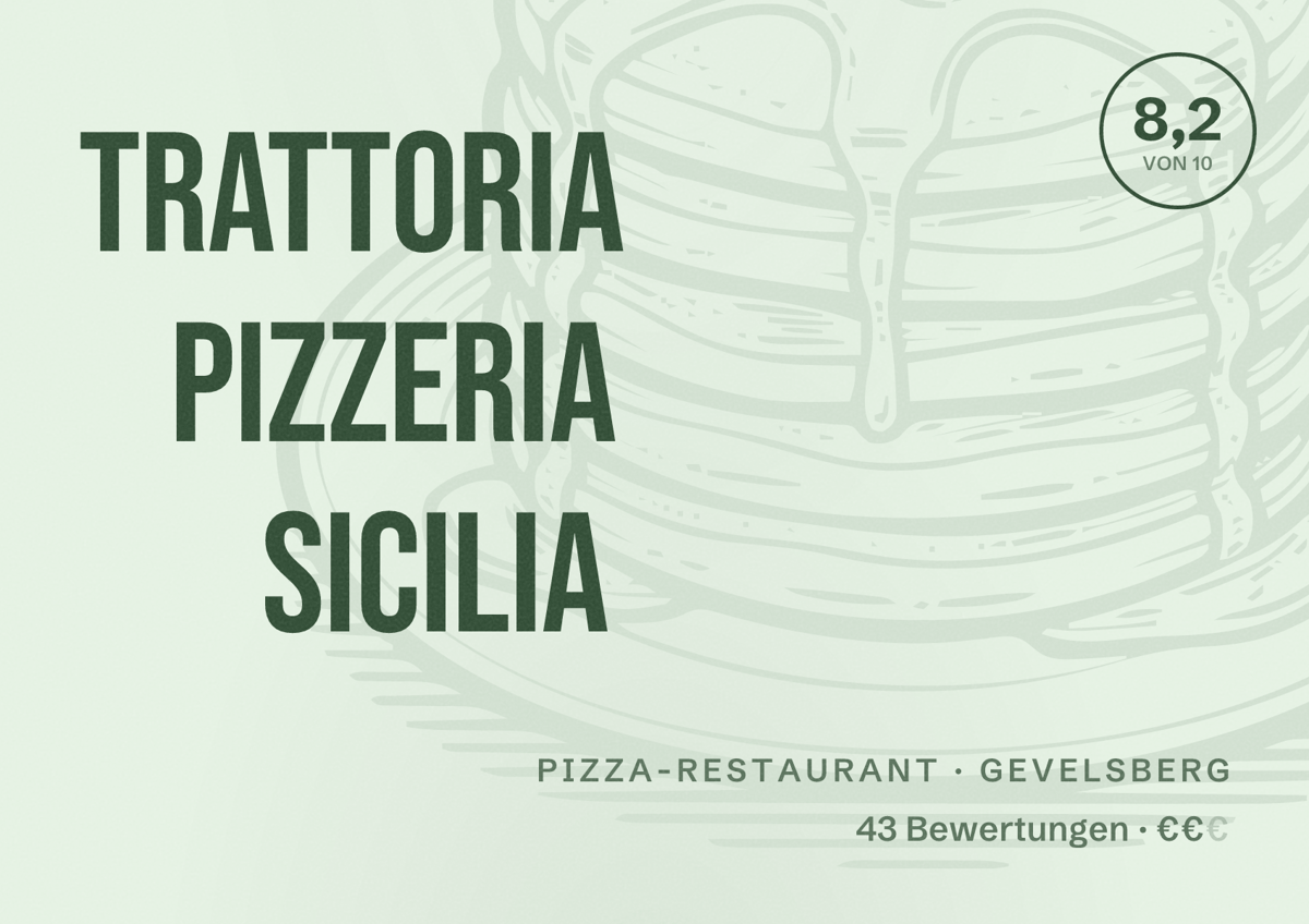 Illustriertes Poster von Trattoria Pizzeria Sicilia, Pizza-Restaurant in Gevelsberg: Bewertung 8,2 von 10 aus 43 Bewertungen, Preisniveau €€