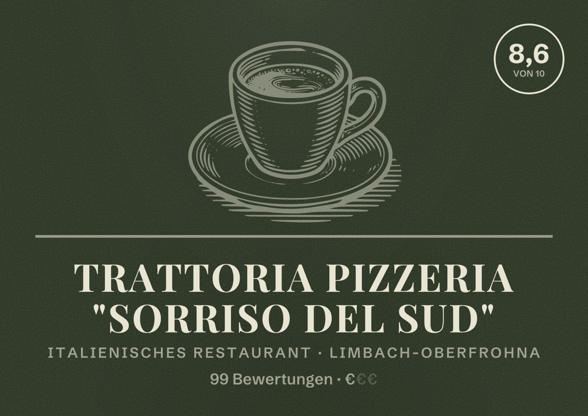 Illustriertes Poster von Trattoria Pizzeria "Sorriso del Sud", Italienisches Restaurant in Limbach-Oberfrohna: Bewertung 8,6 von 10 aus 99 Bewertungen, Preisniveau €