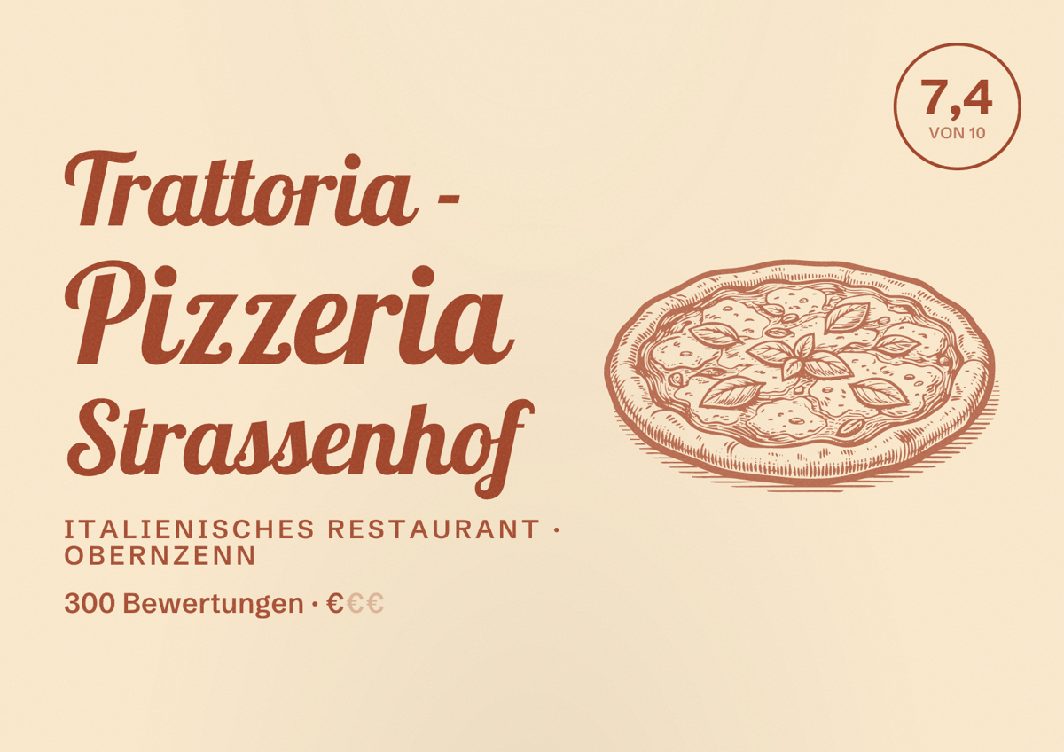 Illustriertes Poster von Trattoria - Pizzeria Strassenhof, Italienisches Restaurant in Obernzenn: Bewertung 7,4 von 10 aus 300 Bewertungen, Preisniveau €