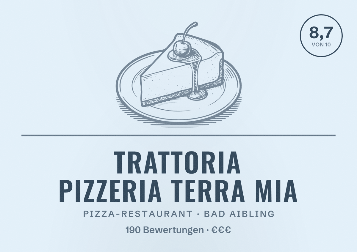 Illustriertes Poster von Trattoria pizzeria Terra Mia, Pizza-Restaurant in Bad Aibling: Bewertung 8,7 von 10 aus 190 Bewertungen, Preisniveau €€€