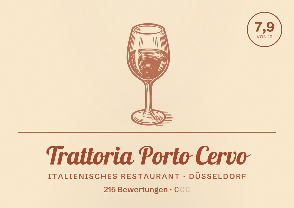 Illustriertes Poster von Trattoria Porto Cervo, Italienisches Restaurant in Düsseldorf: Bewertung 7,9 von 10 aus 215 Bewertungen, Preisniveau €