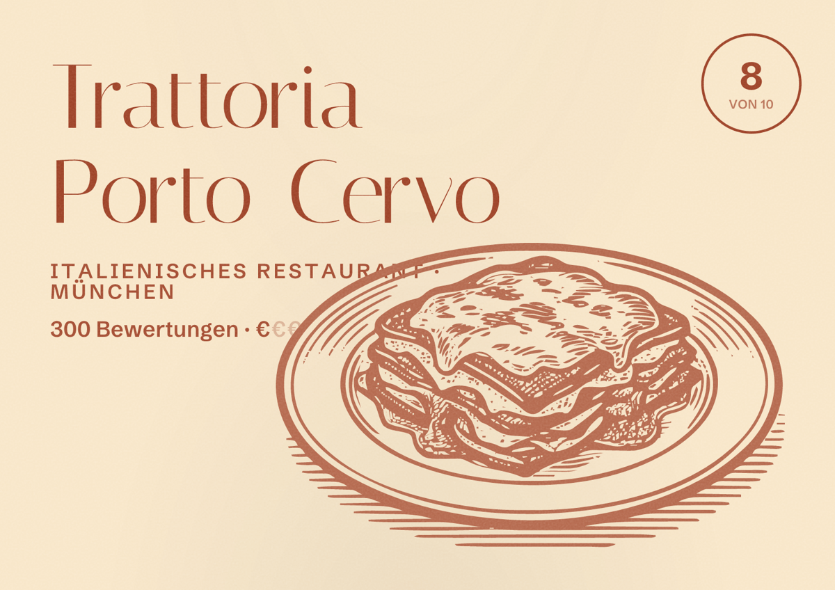 Illustriertes Poster von Trattoria Porto Cervo, Italienisches Restaurant in München: Bewertung 8 von 10 aus 300 Bewertungen, Preisniveau €