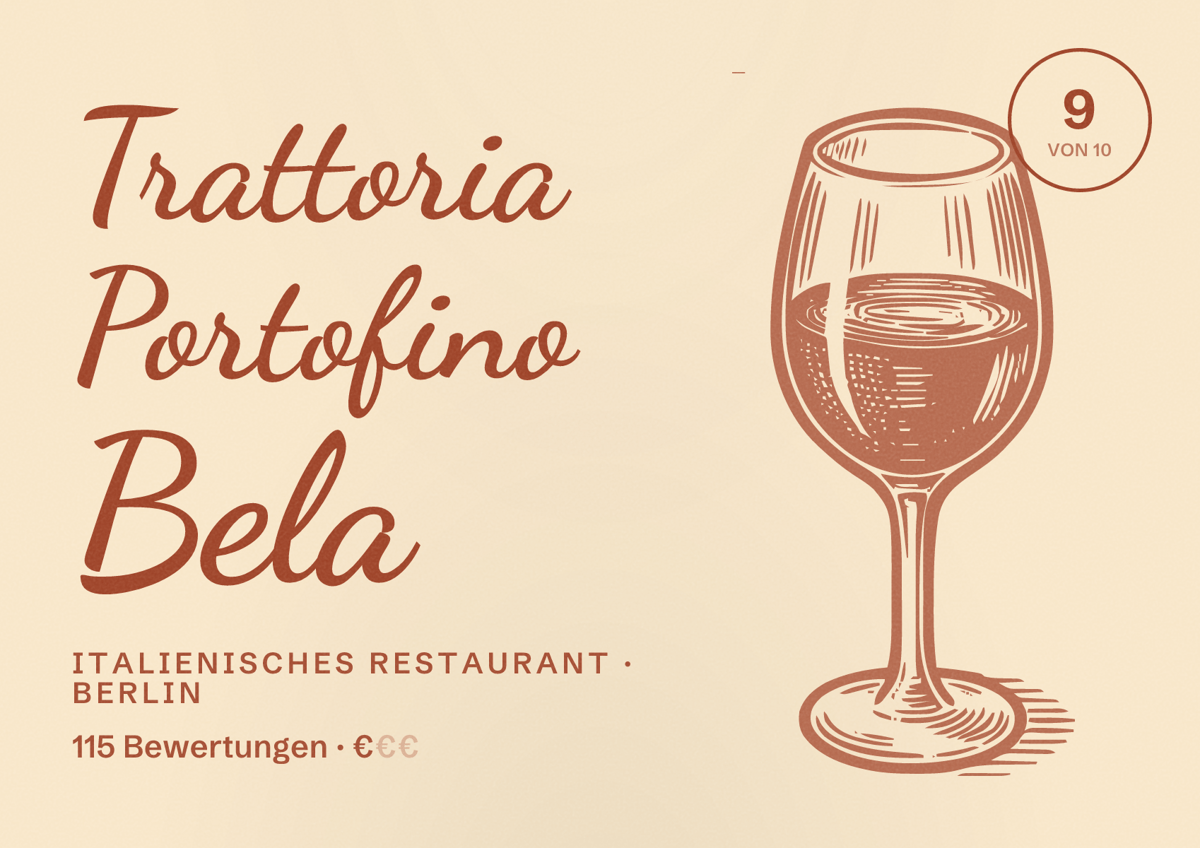 Illustriertes Poster von Trattoria Portofino Bela, Italienisches Restaurant in Berlin: Bewertung 9,0 von 10 aus 115 Bewertungen, Preisniveau €