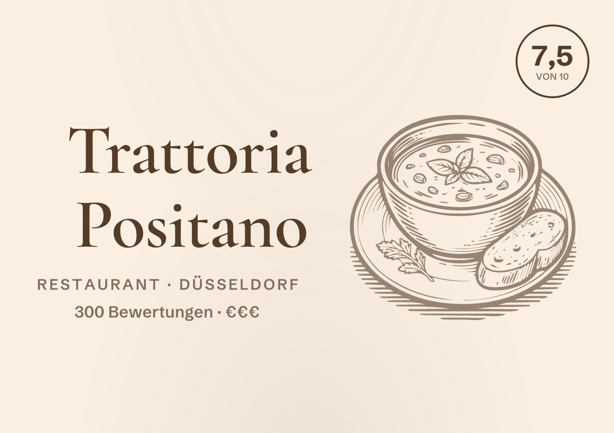 Illustriertes Poster von Trattoria Positano, Restaurant in Düsseldorf: Bewertung 7,5 von 10 aus 300 Bewertungen, Preisniveau €€€