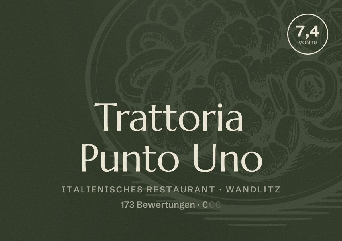 Illustriertes Poster von Trattoria Punto Uno, Italienisches Restaurant in Wandlitz: Bewertung 7,4 von 10 aus 173 Bewertungen, Preisniveau €