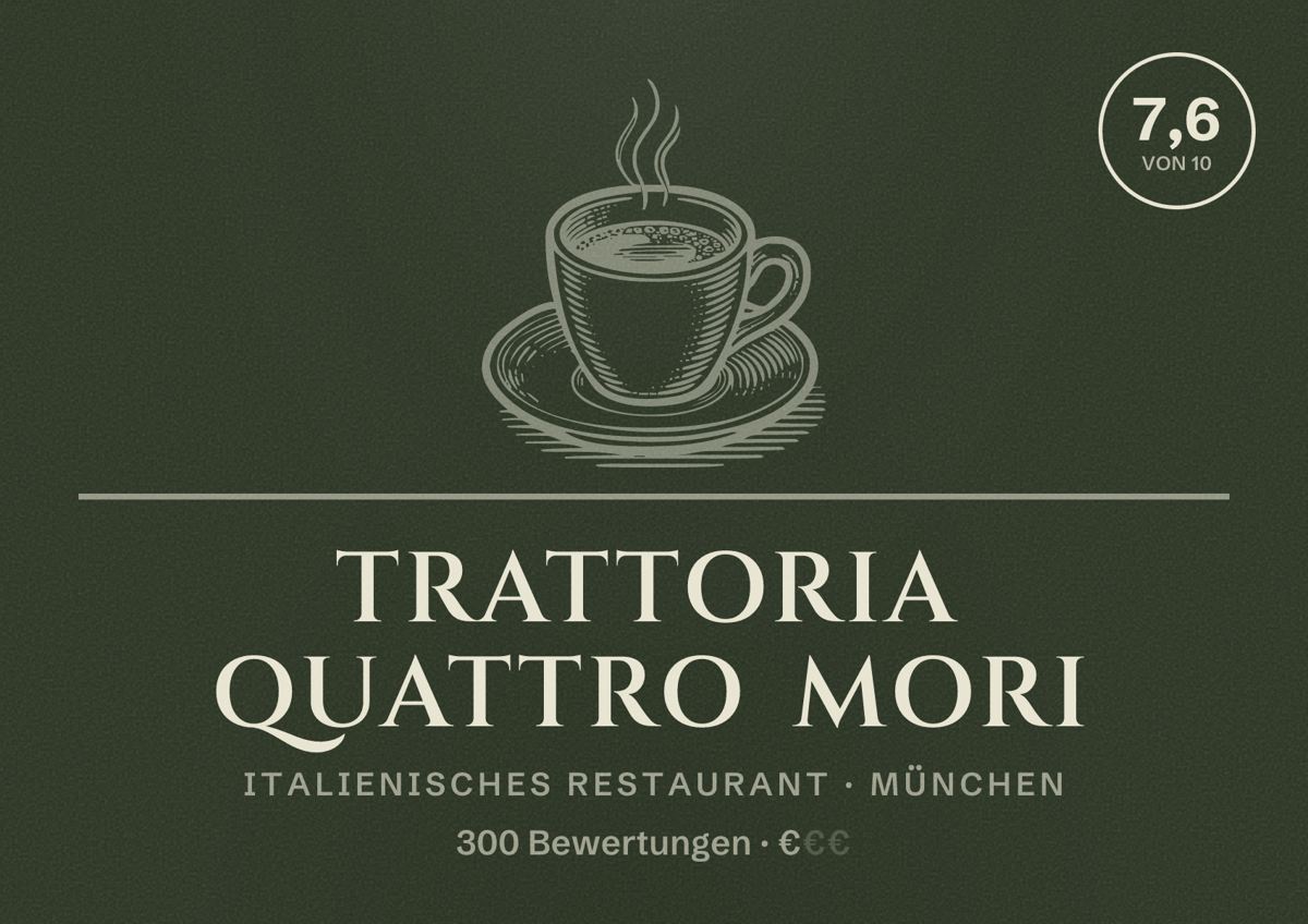 Illustriertes Poster von Trattoria Quattro Mori, Italienisches Restaurant in München: Bewertung 7,6 von 10 aus 300 Bewertungen, Preisniveau €