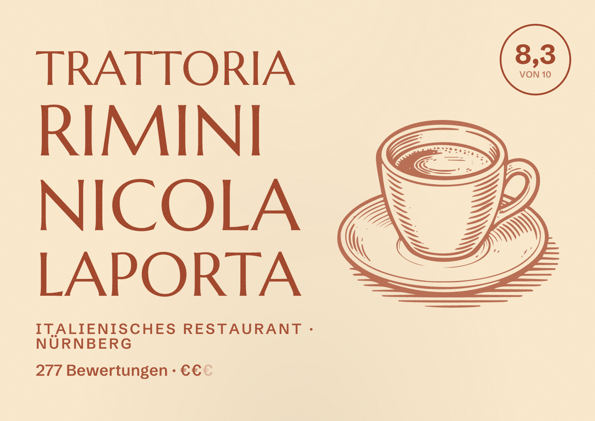 Illustriertes Poster von Trattoria Rimini Nicola Laporta, Italienisches Restaurant in Nürnberg: Gästebewertung 8,3 von 10 aus 277 Bewertungen