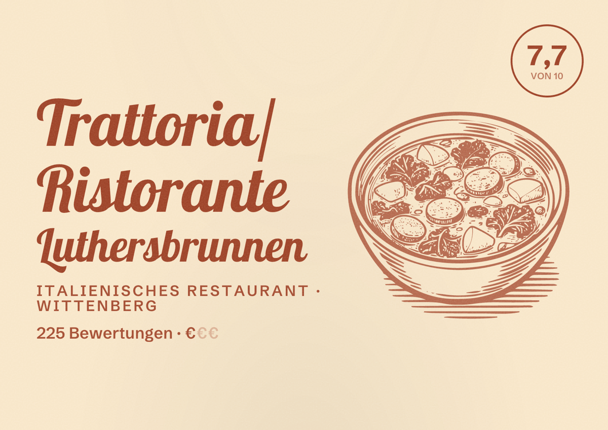 Illustriertes Poster von Trattoria/ Ristorante Luthersbrunnen, Italienisches Restaurant in Wittenberg: Bewertung 7,7 von 10 aus 225 Bewertungen, Preisniveau €
