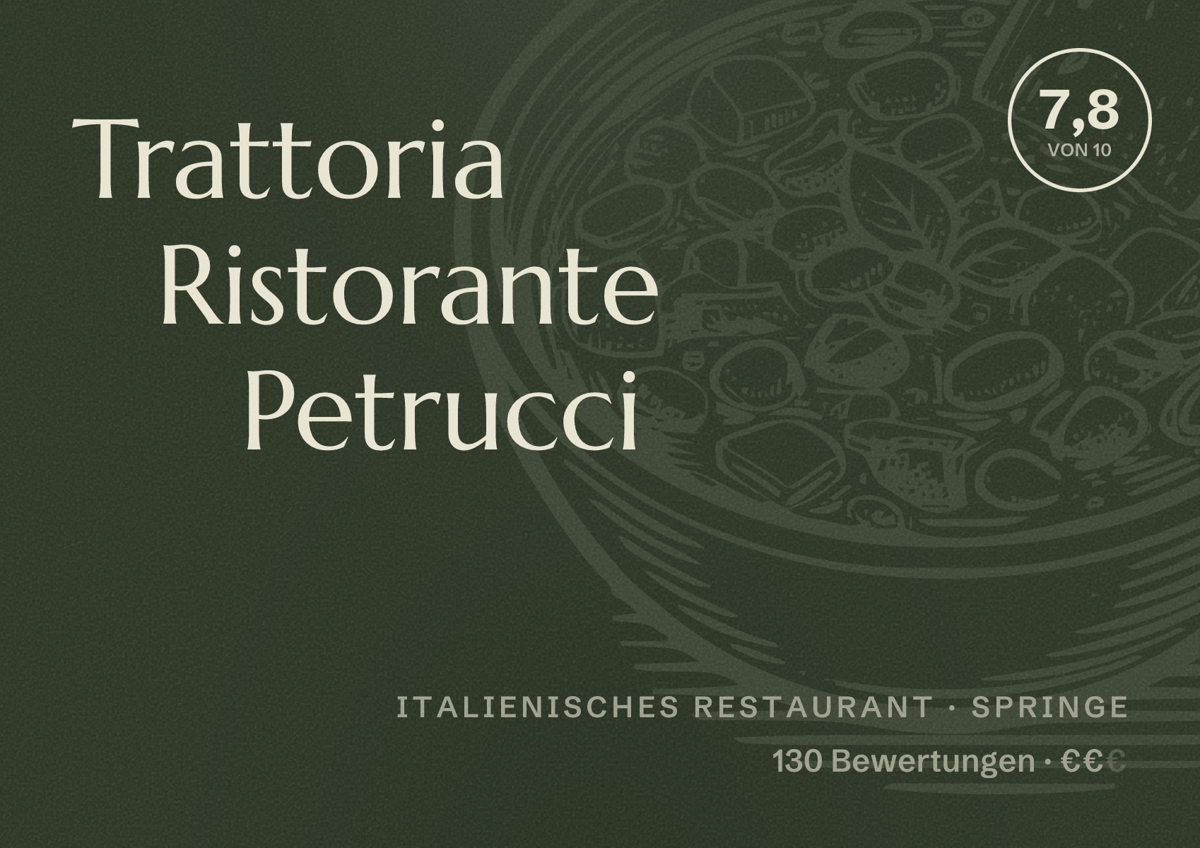 Illustriertes Poster von Trattoria Ristorante Petrucci, Italienisches Restaurant in Springe: Bewertung 7,8 von 10 aus 130 Bewertungen, Preisniveau €€