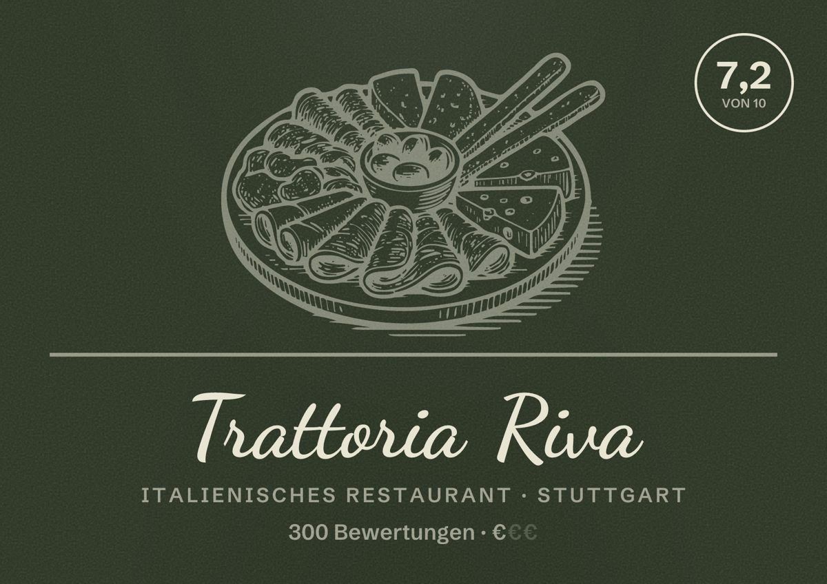 Illustriertes Poster von Trattoria Riva, Italienisches Restaurant in Stuttgart: Bewertung 7,2 von 10 aus 300 Bewertungen, Preisniveau €