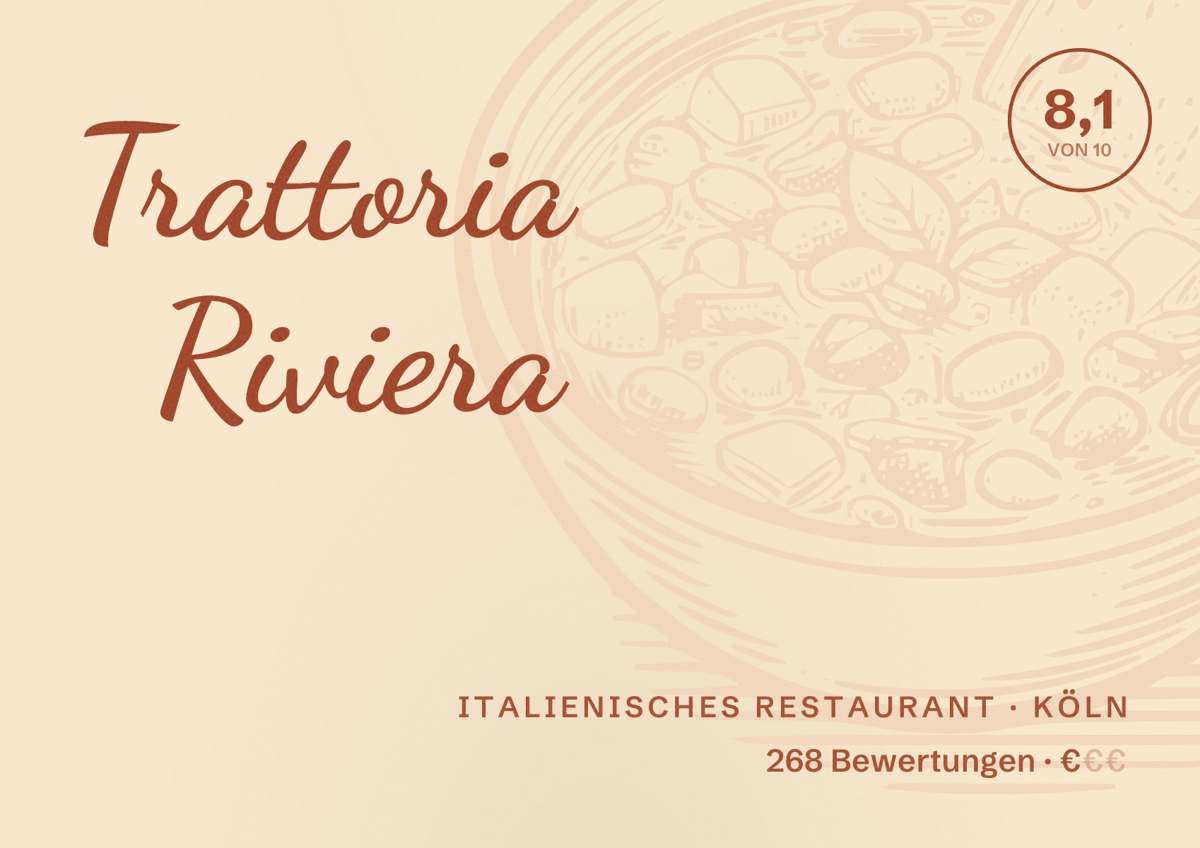 Illustriertes Poster von Trattoria Riviera, Italienisches Restaurant in Köln: Bewertung 8,1 von 10 aus 268 Bewertungen, Preisniveau €