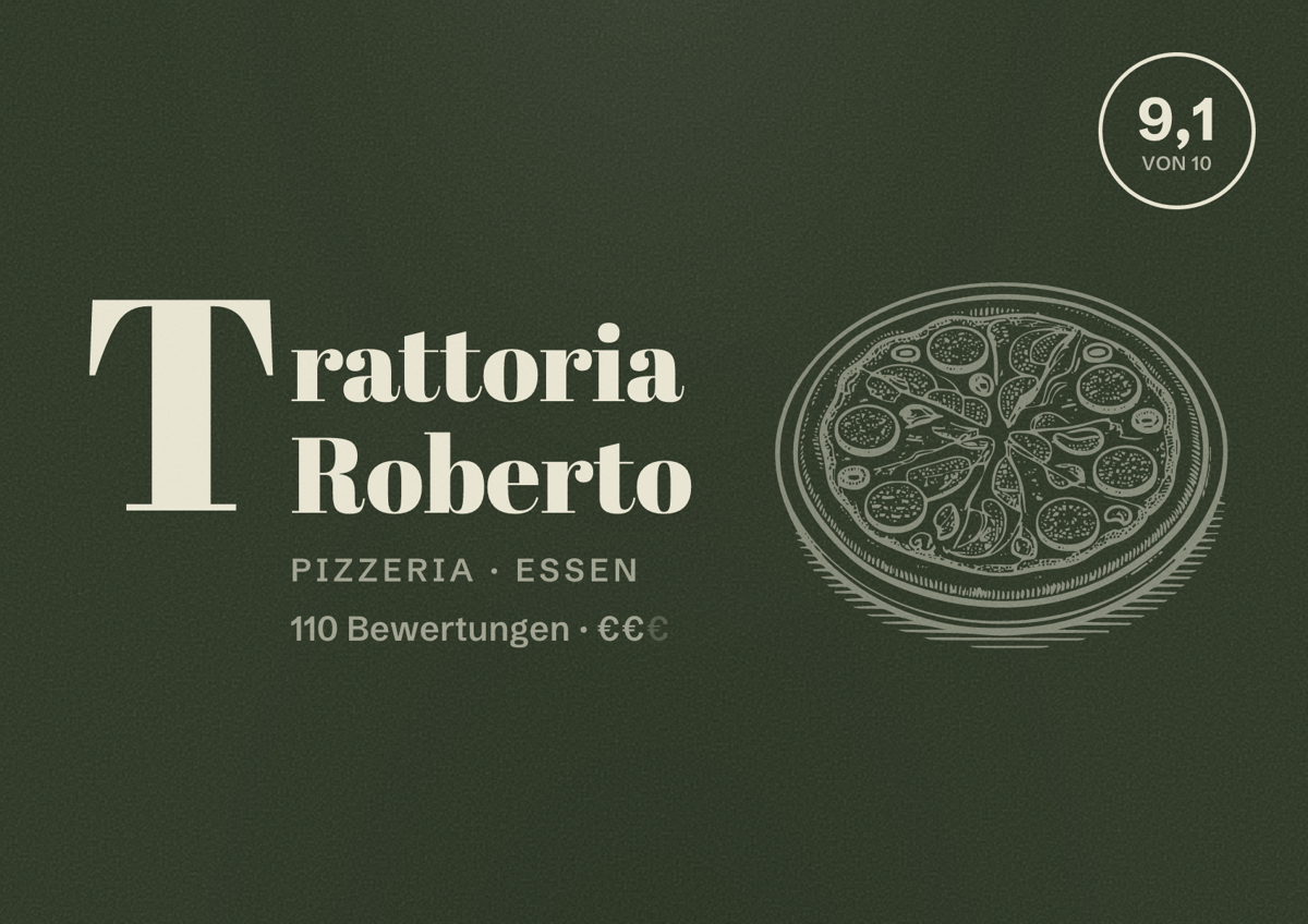 Illustriertes Poster von Trattoria Roberto, Pizzeria in Essen: Bewertung 9,1 von 10 aus 110 Bewertungen, Preisniveau €€