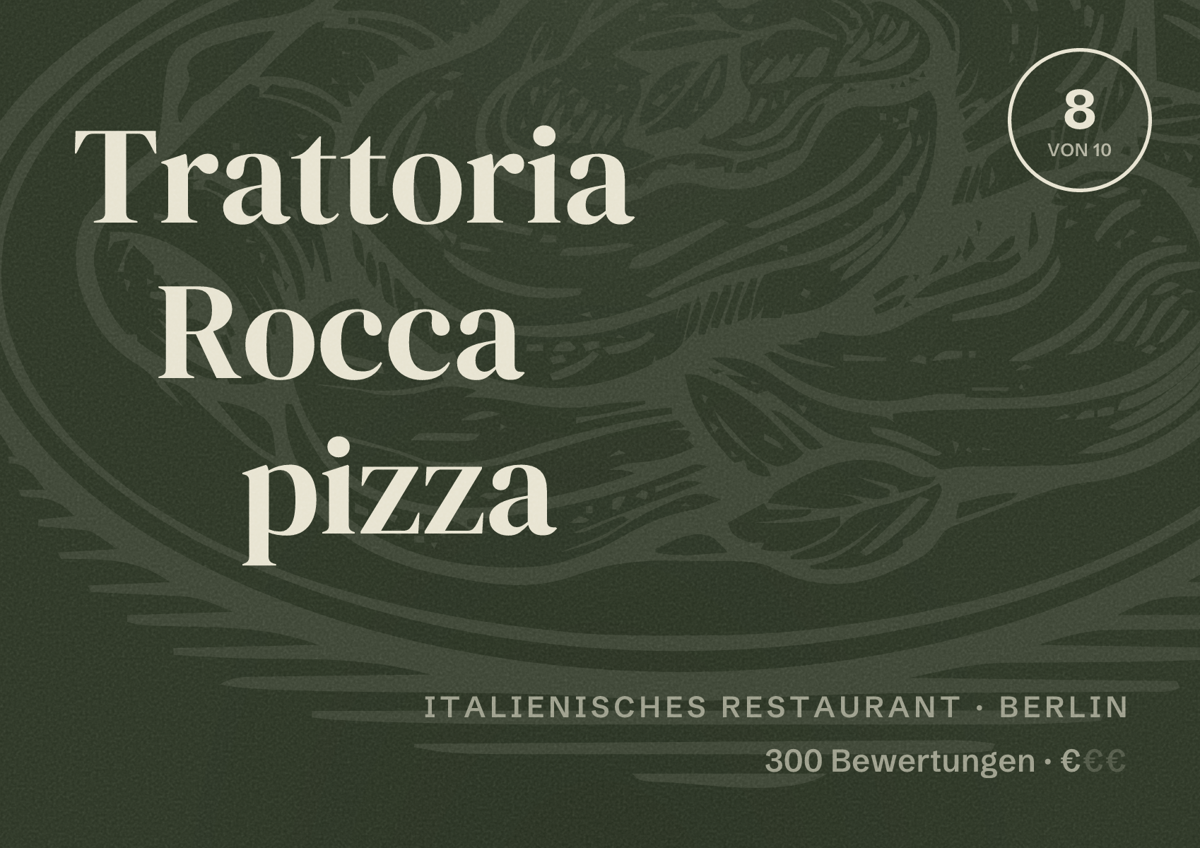 Illustriertes Poster von Trattoria Rocca pizza, Italienisches Restaurant in Berlin: Bewertung 8,0 von 10 aus 300 Bewertungen, Preisniveau €