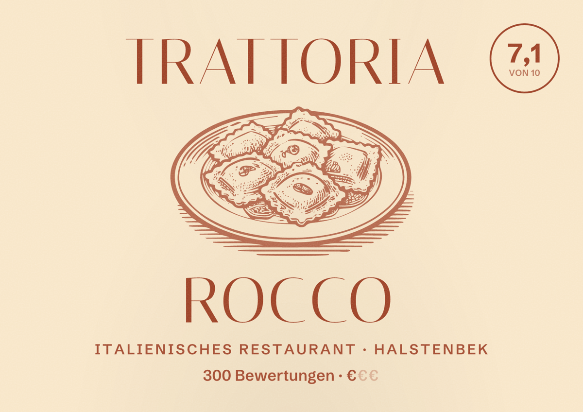 Illustriertes Poster von Trattoria Rocco, Italienisches Restaurant in Halstenbek: Bewertung 7,1 von 10 aus 300 Bewertungen, Preisniveau €