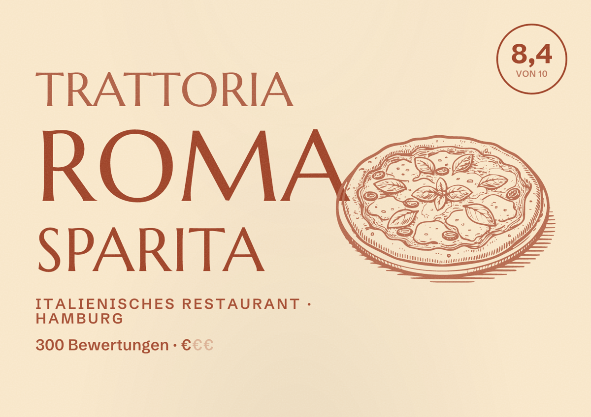 Illustriertes Poster von Trattoria Roma Sparita, Italienisches Restaurant in Hamburg: Bewertung 8,4 von 10 aus 300 Bewertungen, Preisniveau €