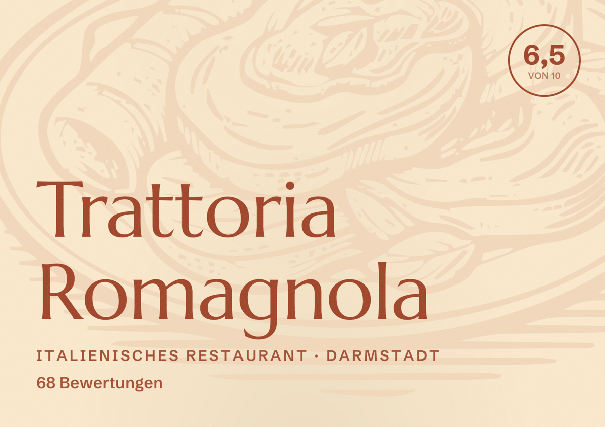 Illustriertes Poster von Trattoria Romagnola, Italienisches Restaurant in Darmstadt: Bewertung 6,5 von 10 aus 68 Bewertungen