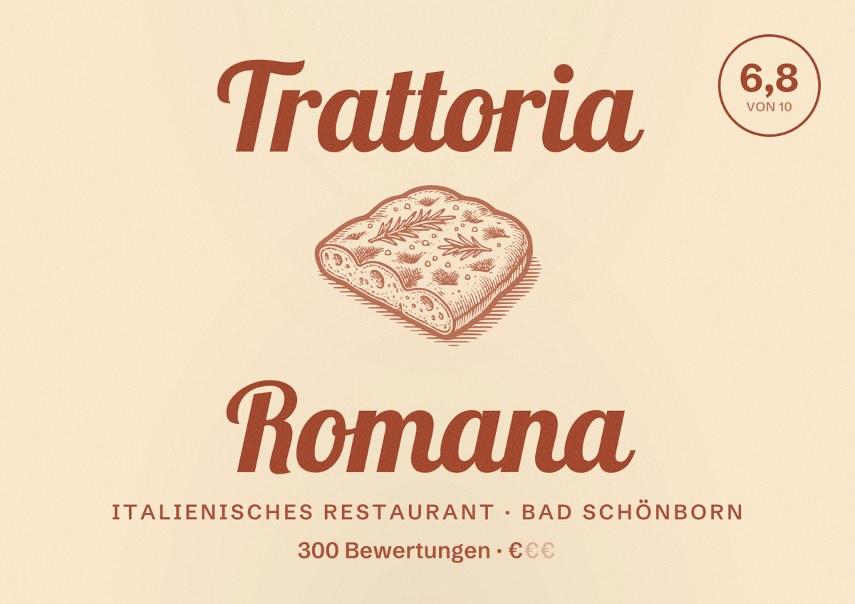Illustriertes Poster von Trattoria Romana, Italienisches Restaurant in Bad Schönborn: Bewertung 6,8 von 10 aus 300 Bewertungen, Preisniveau €