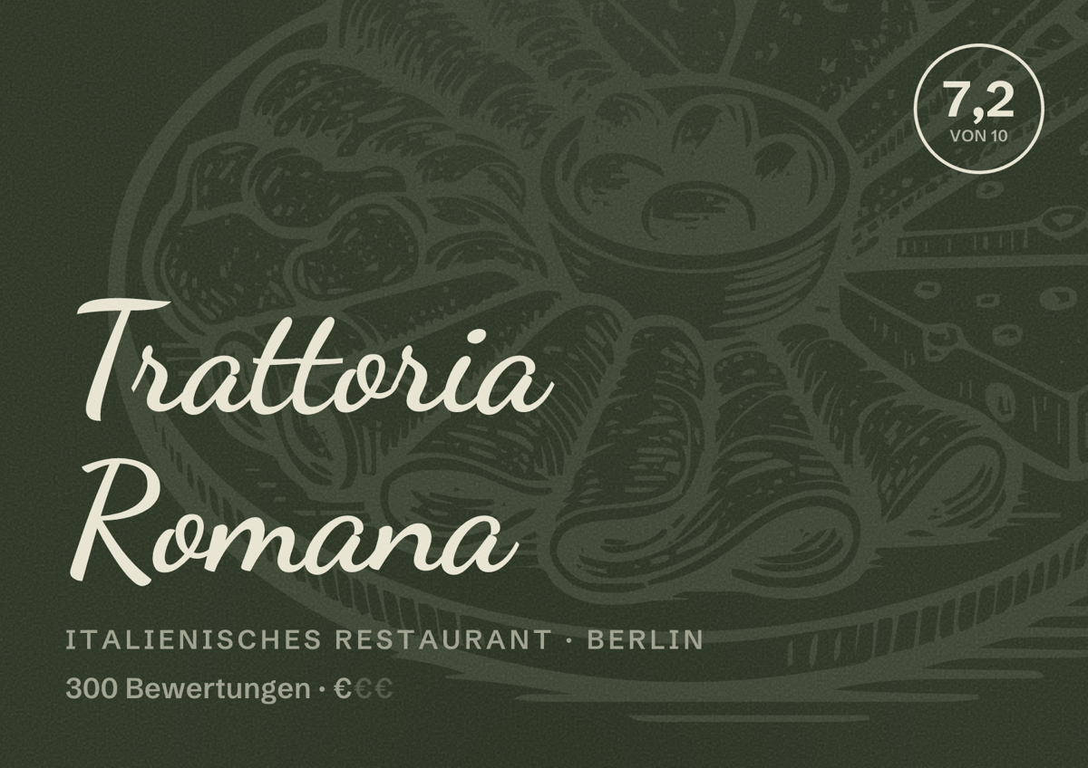 Illustriertes Poster von Trattoria Romana, Italienisches Restaurant in Berlin: Bewertung 7,2 von 10 aus 300 Bewertungen, Preisniveau €