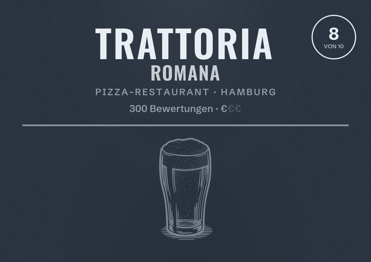 Illustriertes Poster von Trattoria Romana, Pizza-Restaurant in Hamburg: Bewertung 8,0 von 10 aus 300 Bewertungen, Preisniveau €