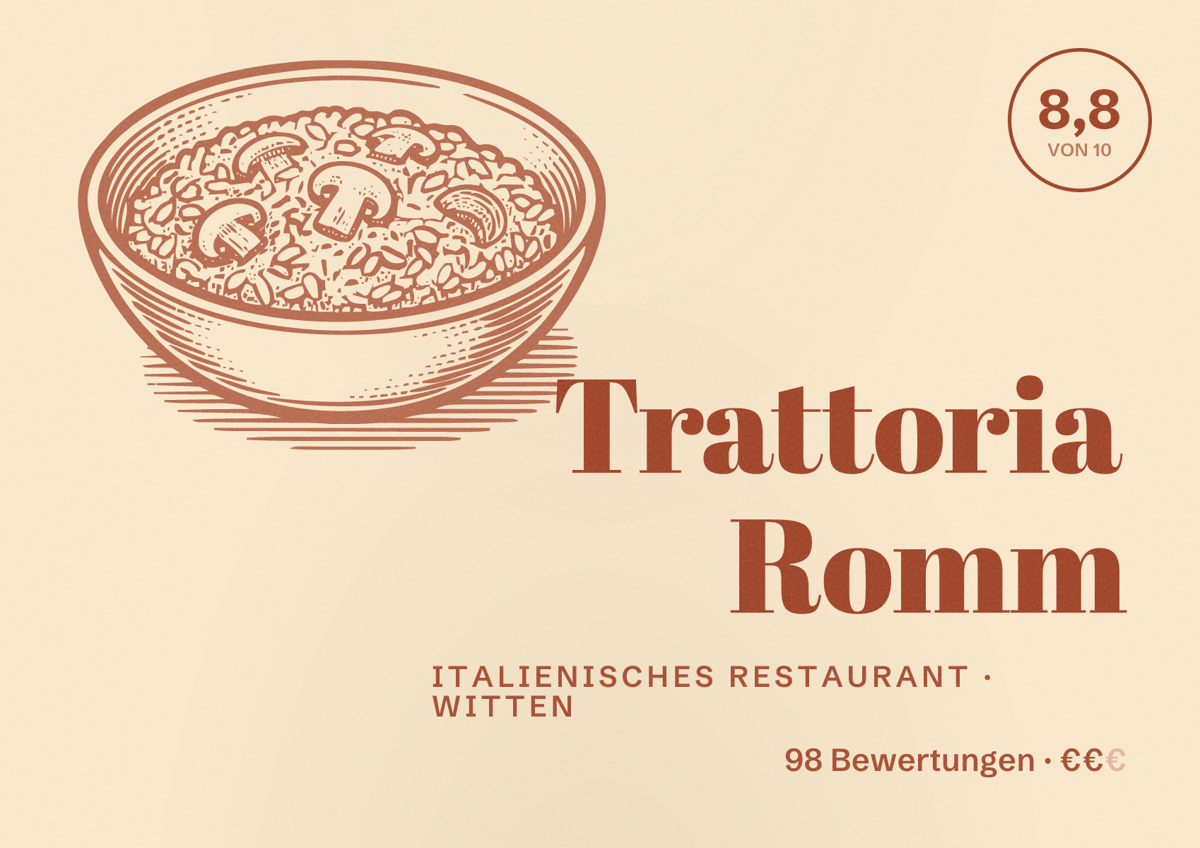 Illustriertes Poster von Trattoria Romm, Italienisches Restaurant in Witten: Bewertung 8,8 von 10 aus 98 Bewertungen, Preisniveau €€