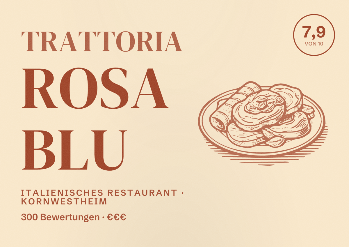 Illustriertes Poster von Trattoria Rosa Blu, Italienisches Restaurant in Kornwestheim: Bewertung 7,9 von 10 aus 300 Bewertungen, Preisniveau €€€