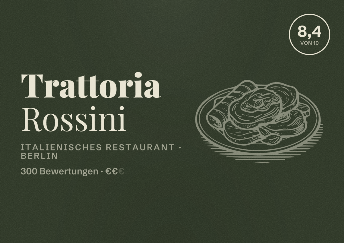 Illustriertes Poster von Trattoria Rossini, Italienisches Restaurant in Berlin: Bewertung 8,4 von 10 aus 300 Bewertungen, Preisniveau €€