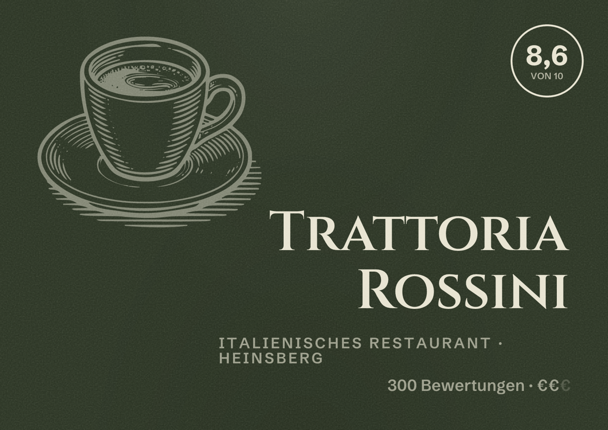 Illustriertes Poster von Trattoria Rossini, Italienisches Restaurant in Heinsberg: Bewertung 8,6 von 10 aus 300 Bewertungen, Preisniveau €€