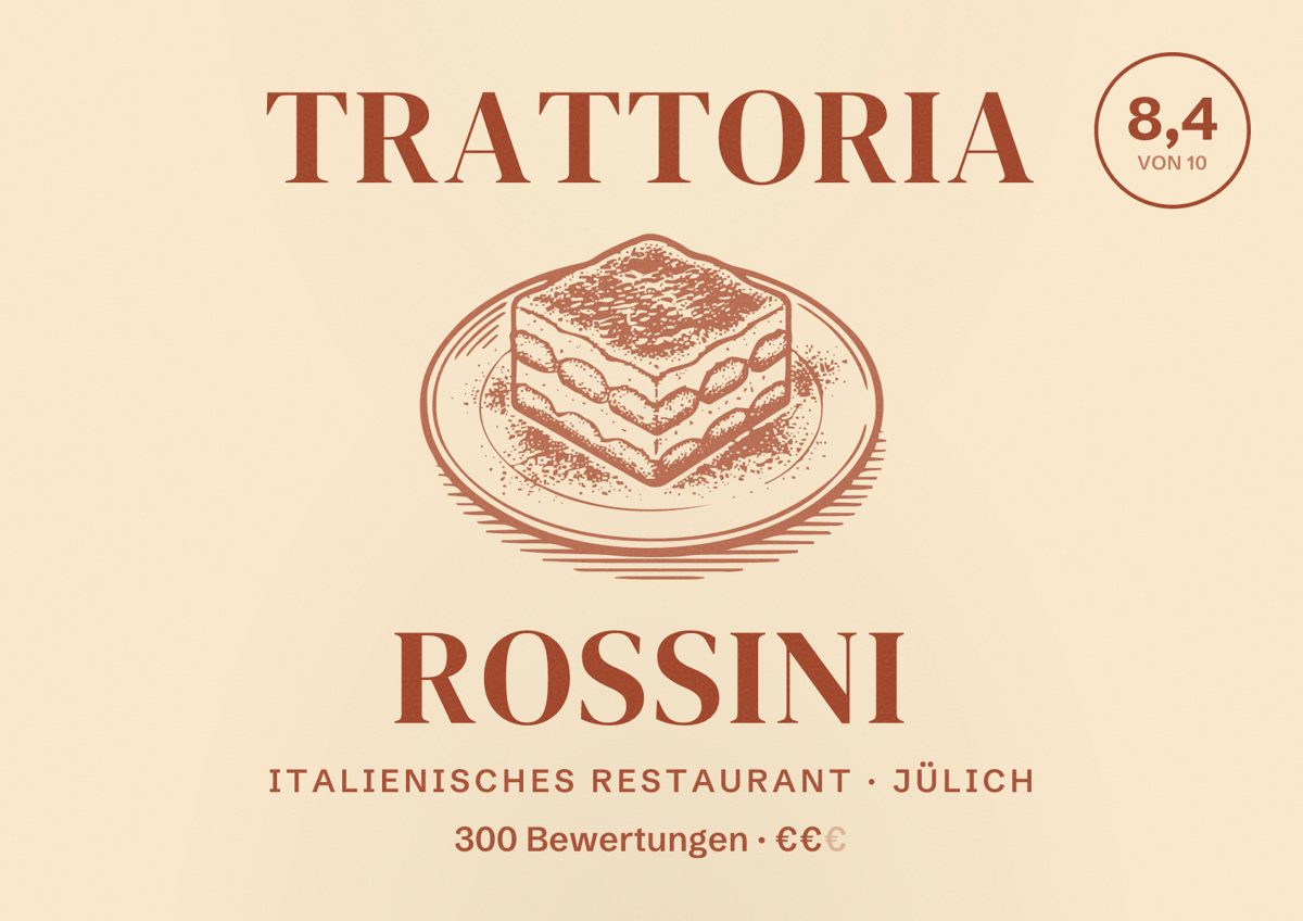 Illustriertes Poster von Trattoria Rossini, Italienisches Restaurant in Jülich: Bewertung 8,4 von 10 aus 300 Bewertungen, Preisniveau €€