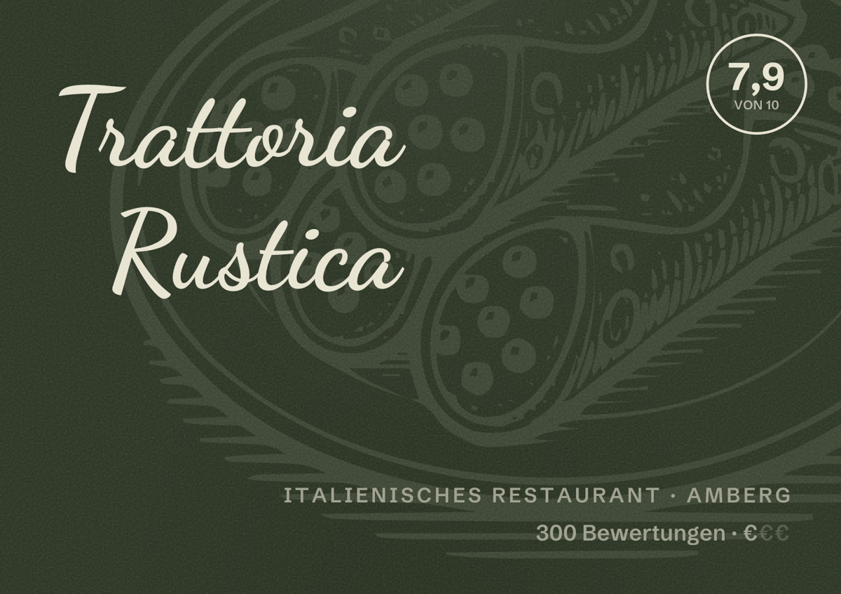 Illustriertes Poster von Trattoria Rustica, Italienisches Restaurant in Amberg: Bewertung 7,9 von 10 aus 300 Bewertungen, Preisniveau €