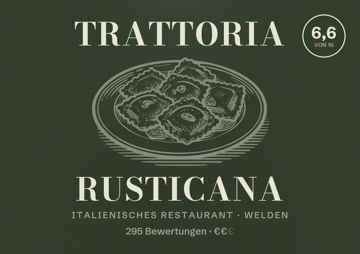 Illustriertes Poster von Trattoria Rusticana, Italienisches Restaurant in Welden: Bewertung 6,6 von 10 aus 295 Bewertungen, Preisniveau €€