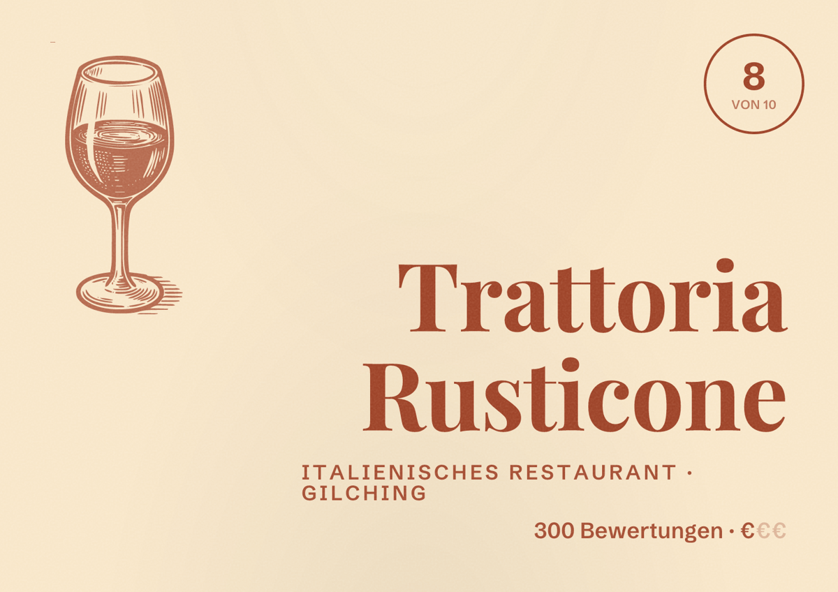 Illustriertes Poster von Trattoria Rusticone, Italienisches Restaurant in Gilching: Bewertung 8 von 10 aus 300 Bewertungen, Preisniveau €