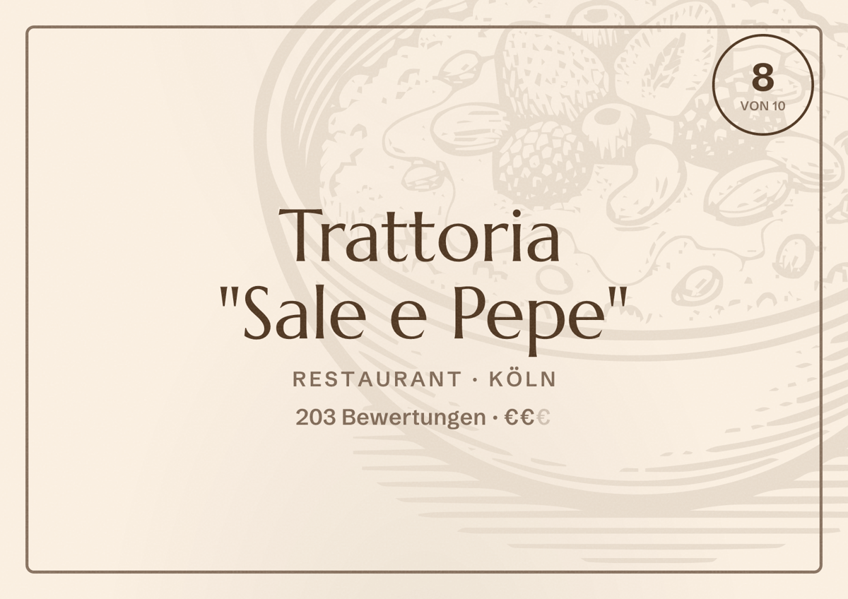 Illustriertes Poster von Trattoria "Sale e Pepe", Restaurant in Köln: Bewertung 8,0 von 10 aus 203 Bewertungen, Preisniveau €€