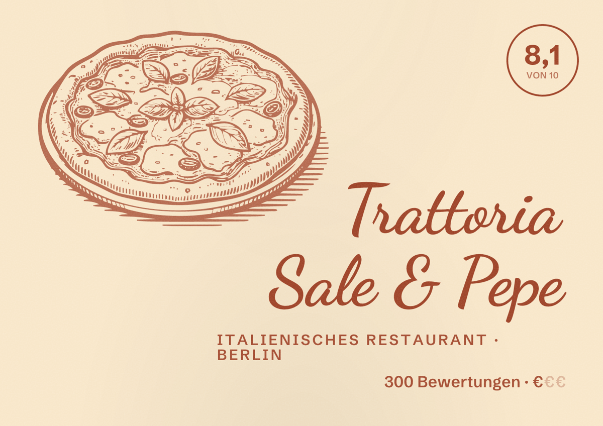 Illustriertes Poster von Trattoria Sale & Pepe, Italienisches Restaurant in Berlin: Bewertung 8,1 von 10 aus 300 Bewertungen, Preisniveau €