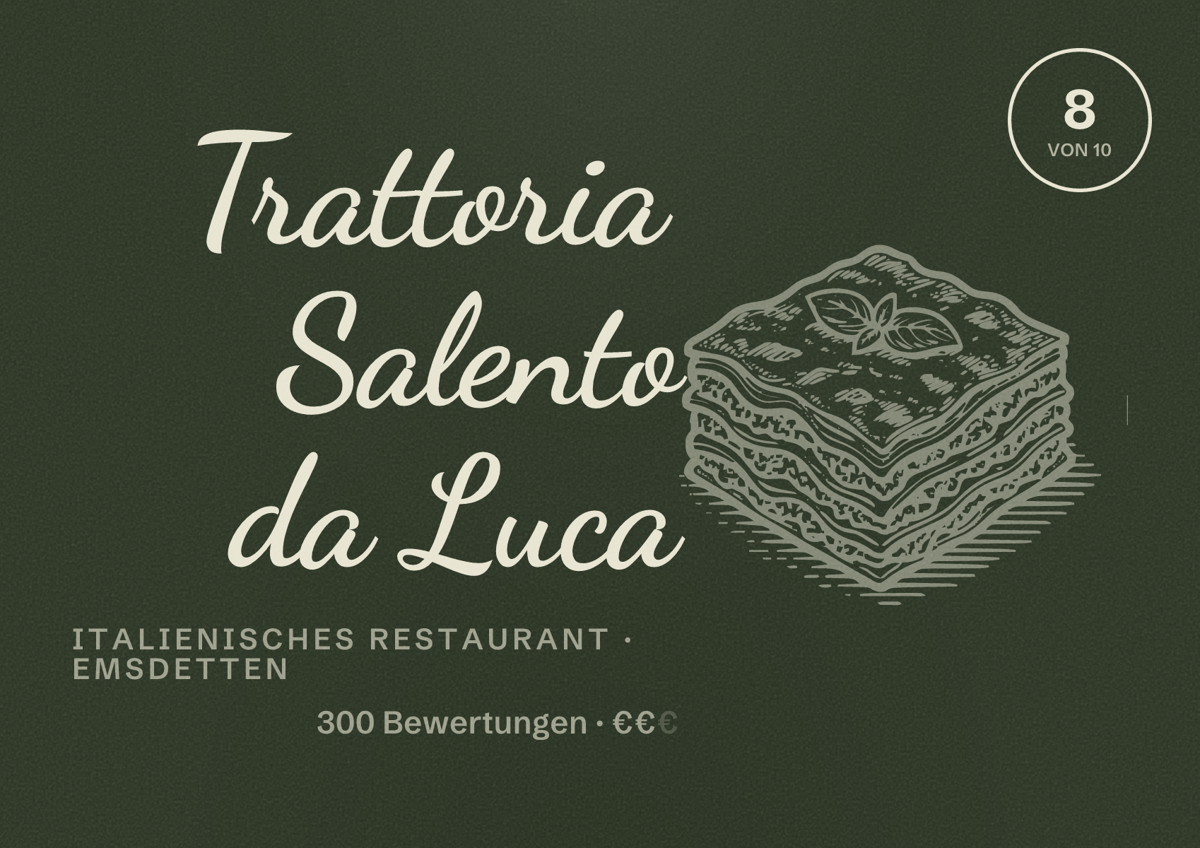 Illustriertes Poster von Trattoria Salento da Luca, Italienisches Restaurant in Emsdetten: Bewertung 8 von 10 aus 300 Bewertungen, Preisniveau €€