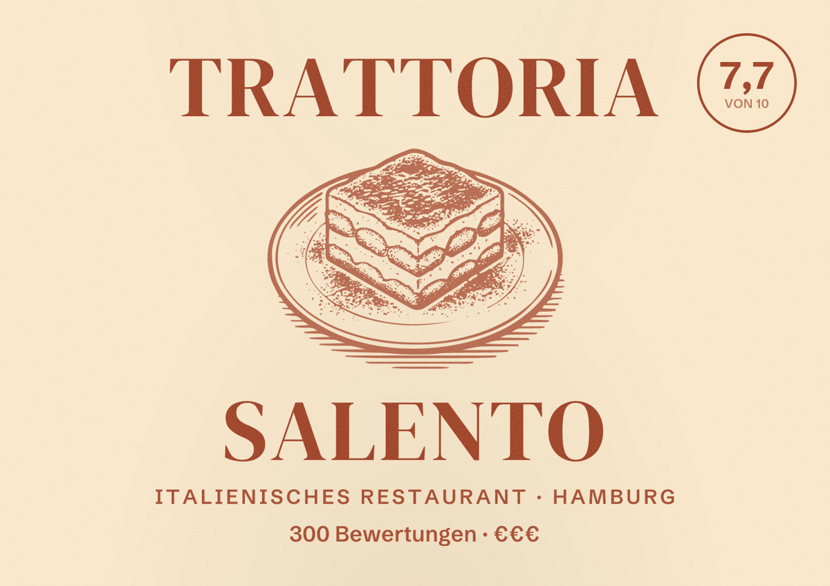 Illustriertes Poster von Trattoria Salento, Italienisches Restaurant in Hamburg: Bewertung 7,7 von 10 aus 300 Bewertungen, Preisniveau €€€