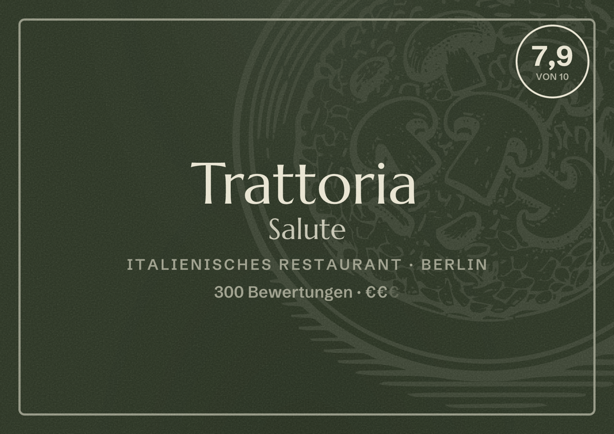 Illustriertes Poster von Trattoria Salute, Italienisches Restaurant in Berlin: Bewertung 7,9 von 10 aus 300 Bewertungen, Preisniveau €€