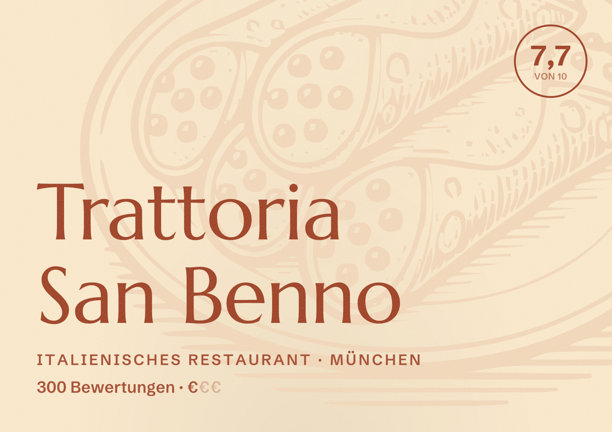 Illustriertes Poster von Trattoria San Benno, Italienisches Restaurant in München: Bewertung 7,7 von 10 aus 300 Bewertungen, Preisniveau €