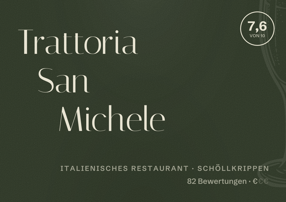 Illustriertes Poster von Trattoria San Michele, Italienisches Restaurant in Schöllkrippen: Bewertung 7,6 von 10 aus 82 Bewertungen, Preisniveau €