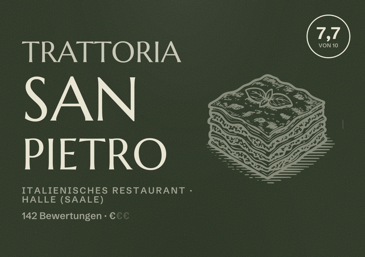 Illustriertes Poster von Trattoria San Pietro, Italienisches Restaurant in Halle (Saale): Bewertung 7,7 von 10 aus 142 Bewertungen, Preisniveau €