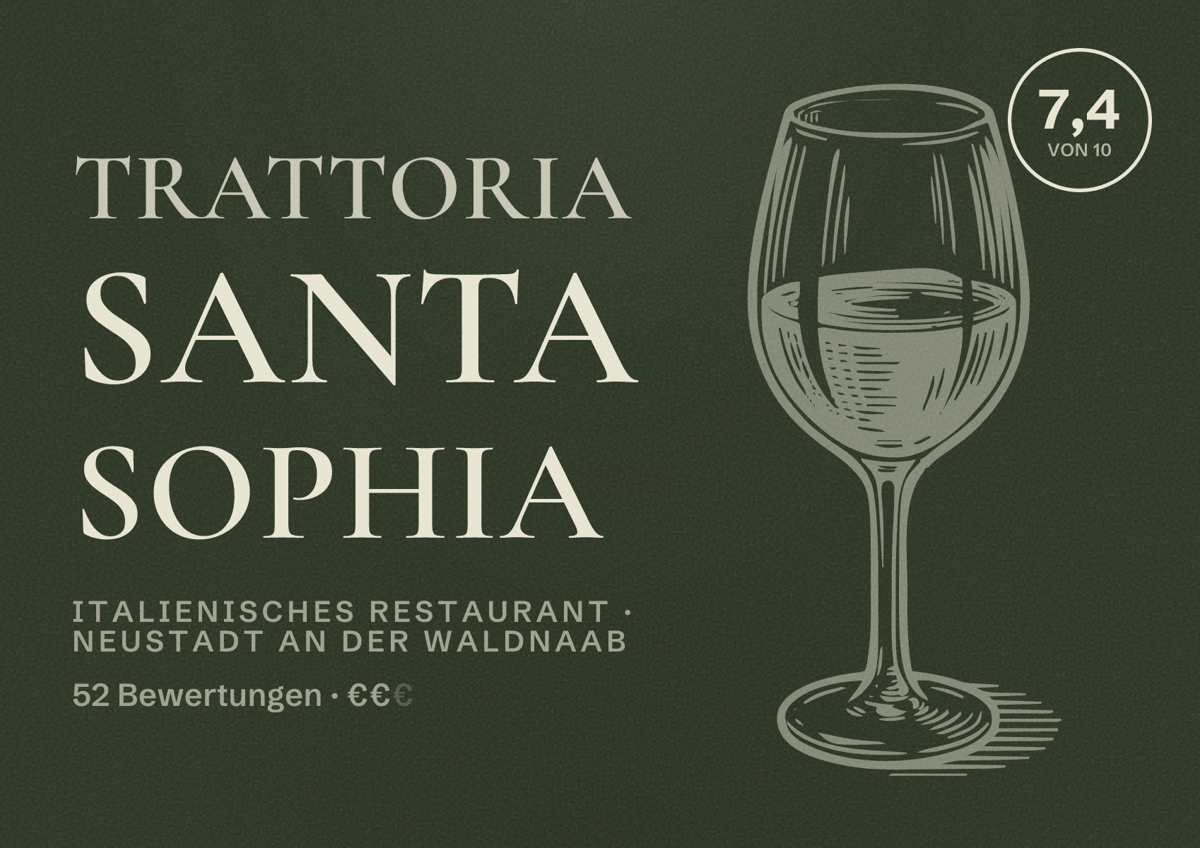 Illustriertes Poster von Trattoria Santa Sophia, Italienisches Restaurant in Neustadt an der Waldnaab: Bewertung 7,4 von 10 aus 52 Bewertungen, Preisniveau €€