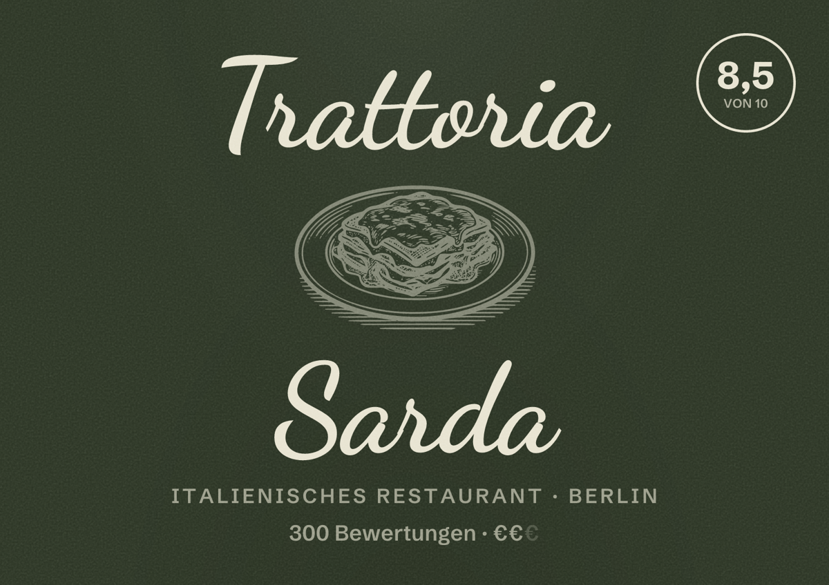 Illustriertes Poster von Trattoria Sarda, Italienisches Restaurant in Berlin: Bewertung 8,5 von 10 aus 300 Bewertungen, Preisniveau €€