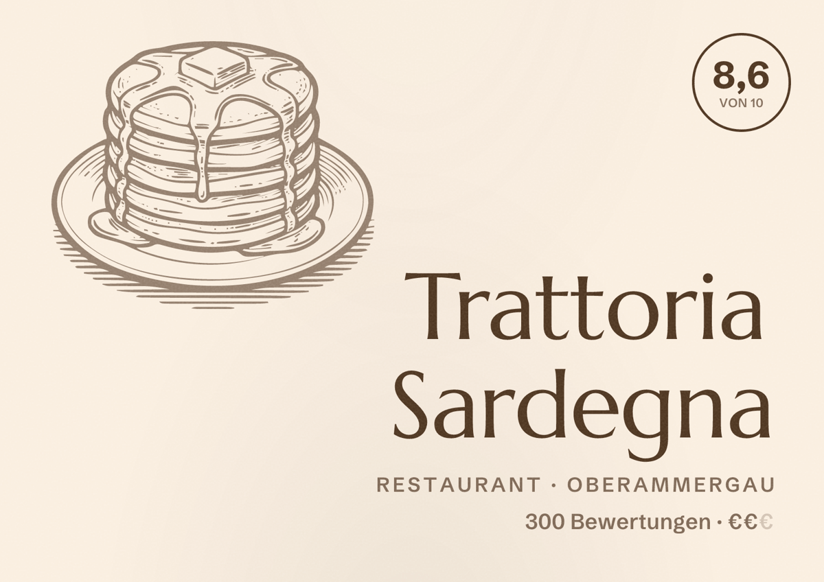 Illustriertes Poster von Trattoria Sardegna, Restaurant in Oberammergau: Bewertung 8,6 von 10 aus 300 Bewertungen, Preisniveau €€