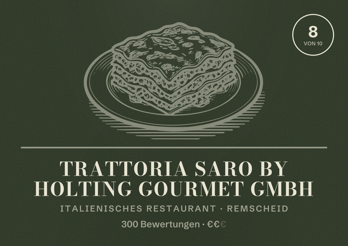 Illustriertes Poster von Trattoria Saro by Holting Gourmet GmbH, Italienisches Restaurant in Remscheid: Bewertung 8 von 10 aus 300 Bewertungen, Preisniveau €€