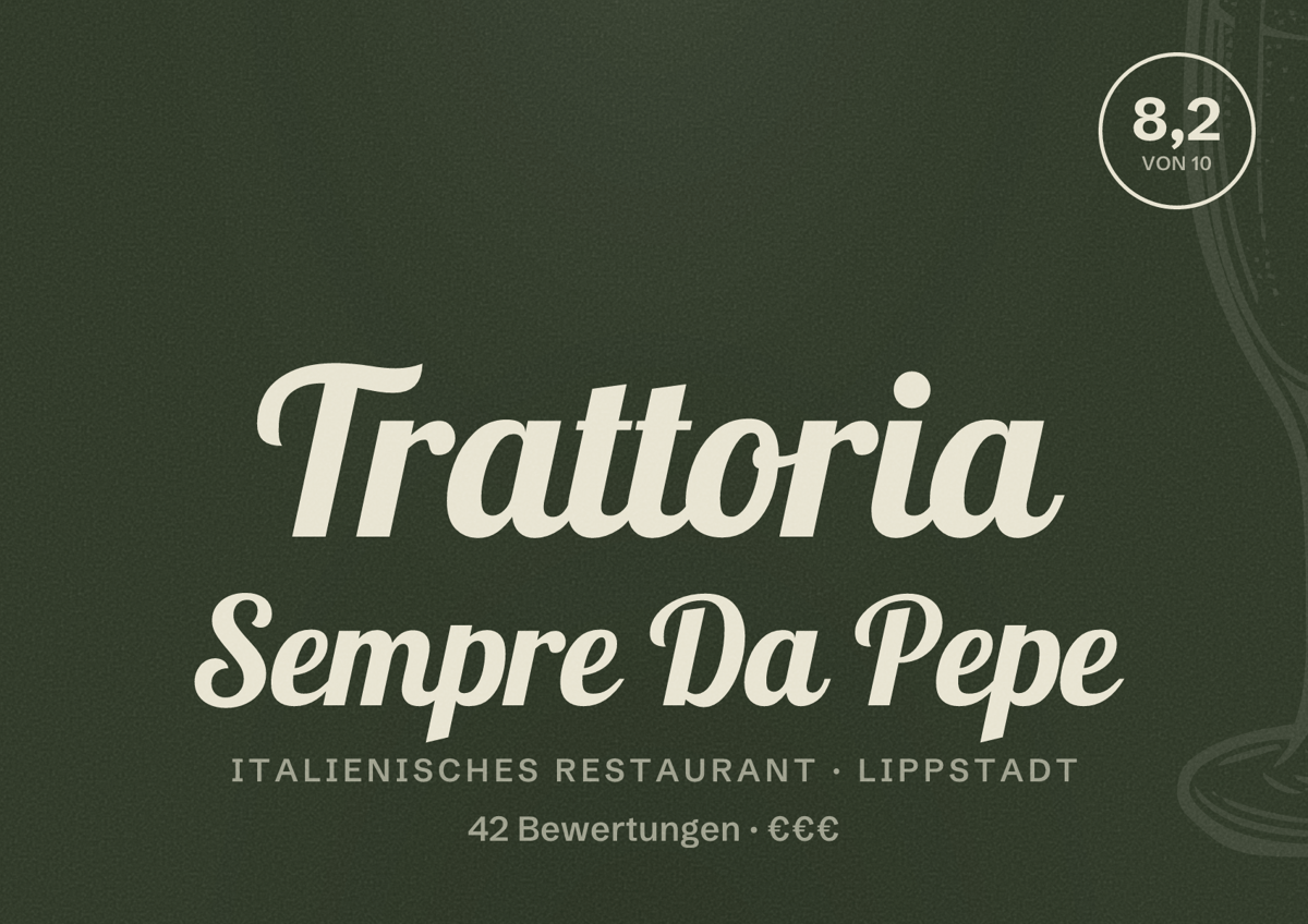 Illustriertes Poster von Trattoria Sempre Da Pepe, Italienisches Restaurant in Lippstadt: Bewertung 8,2 von 10 aus 42 Bewertungen, Preisniveau €€€