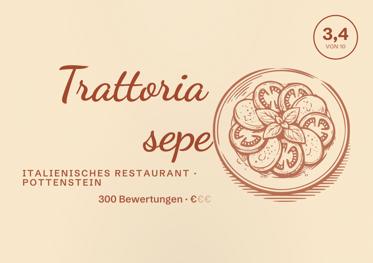 Illustriertes Poster von Trattoria sepe, Italienisches Restaurant in Pottenstein: Bewertung 3,4 von 10 aus 300 Bewertungen, Preisniveau €