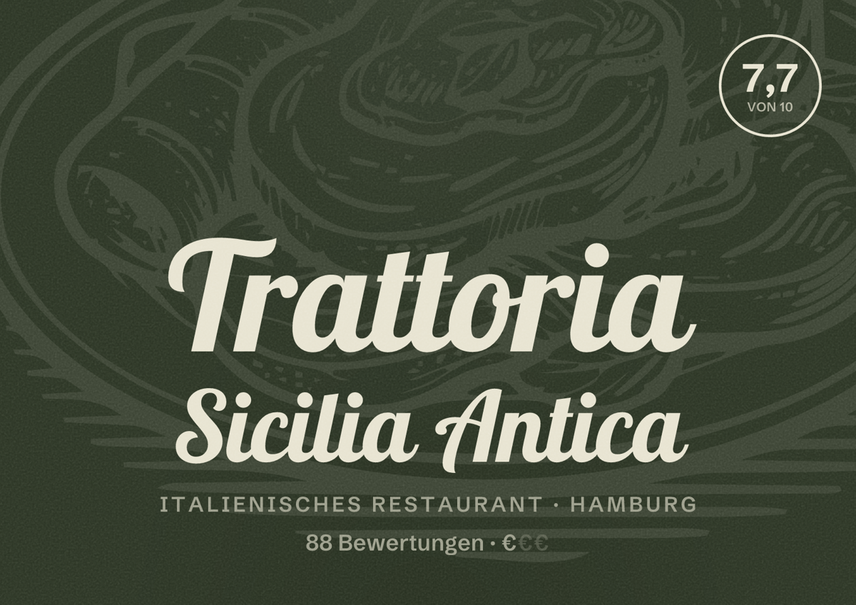 Illustriertes Poster von Trattoria Sicilia Antica, Italienisches Restaurant in Hamburg: Bewertung 7,7 von 10 aus 88 Bewertungen, Preisniveau €