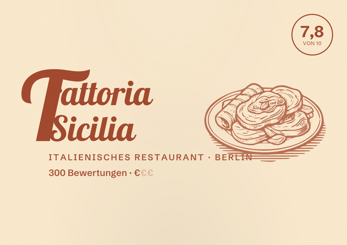 Illustriertes Poster von Trattoria Sicilia, Italienisches Restaurant in Berlin: Bewertung 7,8 von 10 aus 300 Bewertungen, Preisniveau €