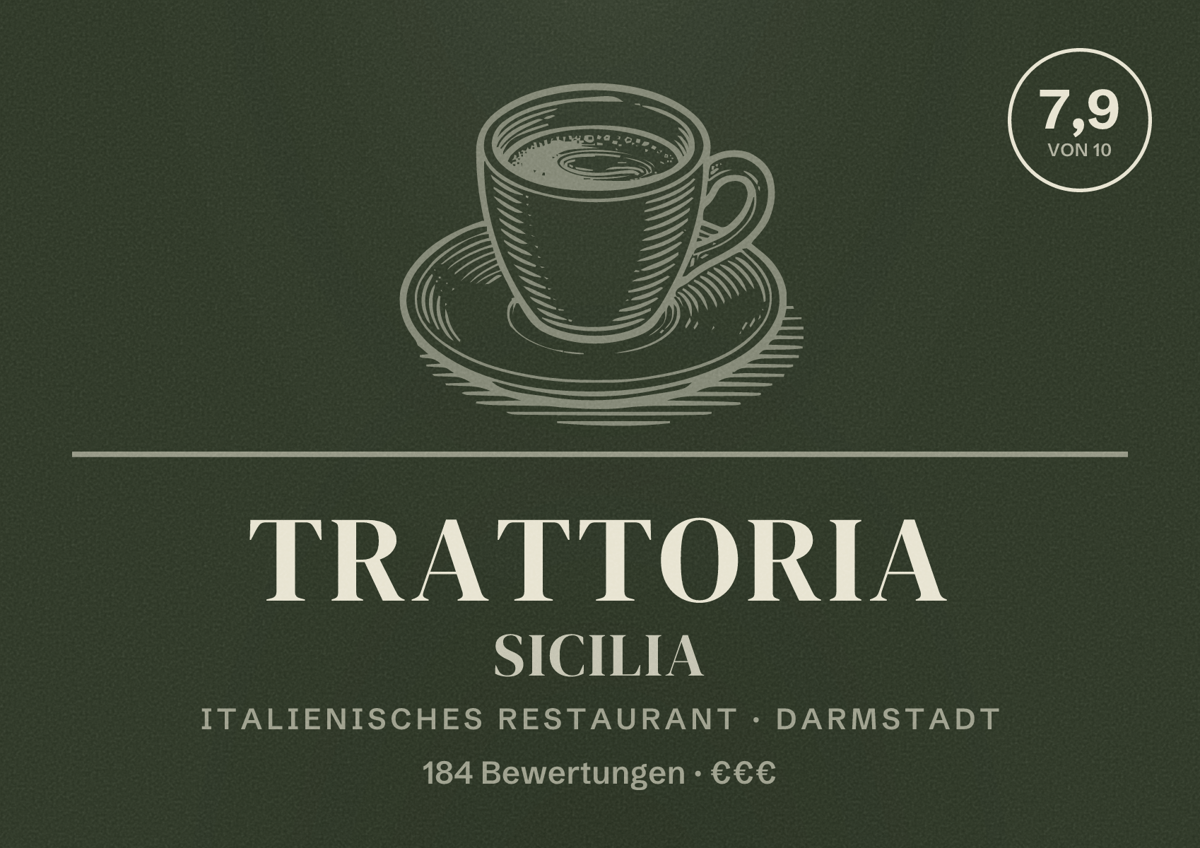 Illustriertes Poster von Trattoria Sicilia, Italienisches Restaurant in Darmstadt: Bewertung 7,9 von 10 aus 184 Bewertungen, Preisniveau €€€