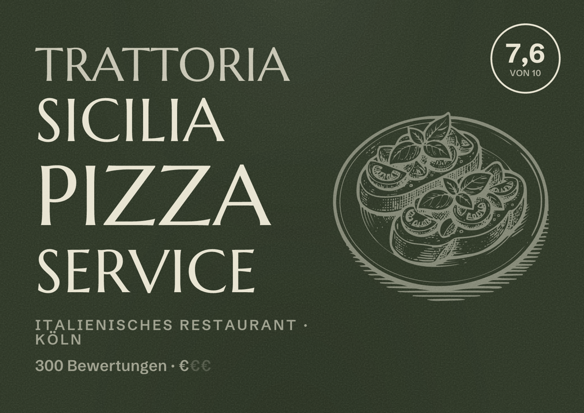 Illustriertes Poster von Trattoria Sicilia Pizza Service, Italienisches Restaurant in Köln: Bewertung 7,6 von 10 aus 300 Bewertungen, Preisniveau €